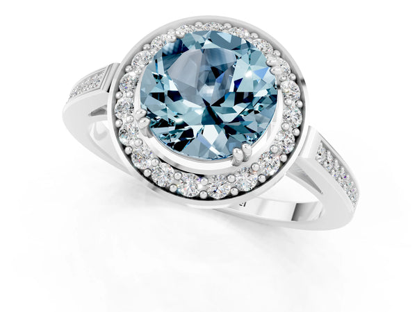 Platinum Round Cut Aquamarine Halo Ring with Split Shank and Four-Prong Setting