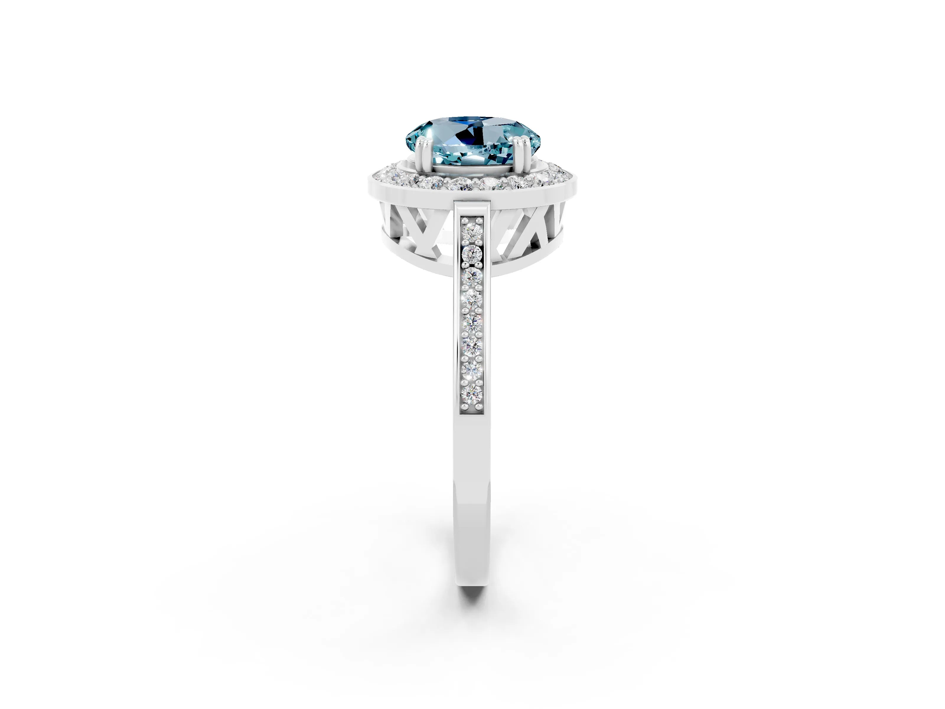 White gold Round Cut Aquamarine Halo Ring with Split Shank and Four-Prong Setting_2