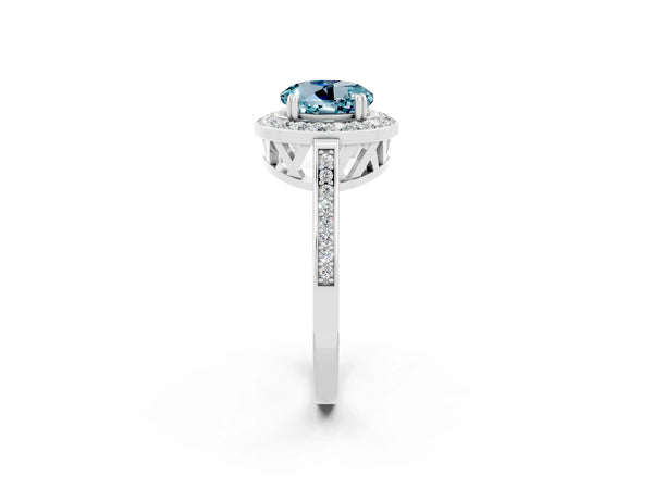 Platinum Round Cut Aquamarine Halo Ring with Split Shank and Four-Prong Setting