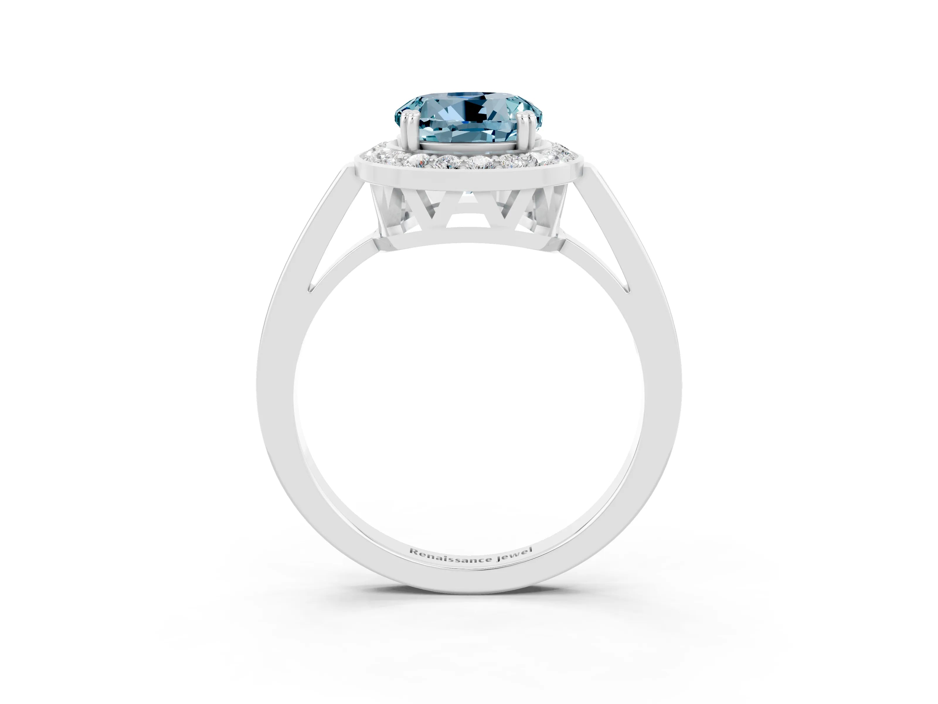 White gold Round Cut Aquamarine Halo Ring with Split Shank and Four-Prong Setting_3