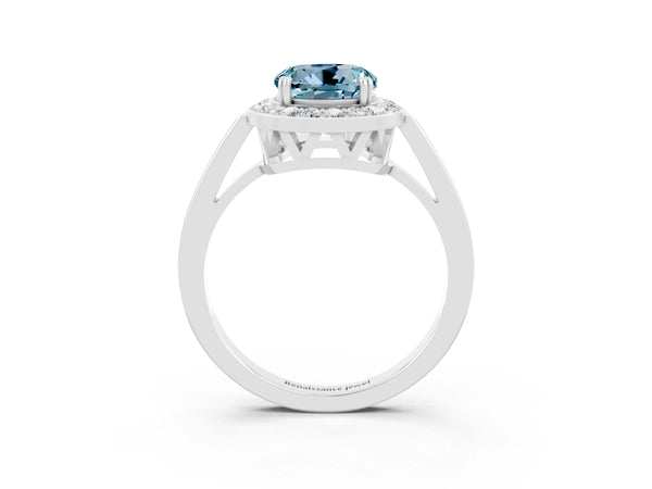 Silver Round Cut Aquamarine Halo Ring with Split Shank and Four-Prong Setting