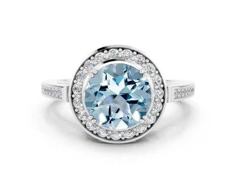 White gold Round Cut Aquamarine Halo Ring with Split Shank and Four-Prong Setting