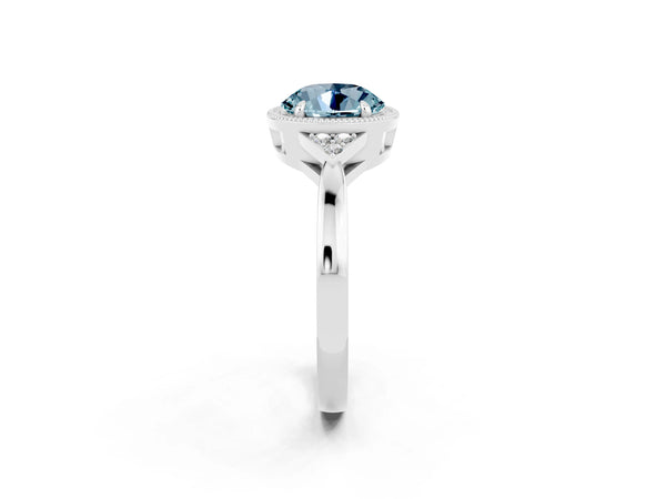 White gold Round Cut Aquamarine Halo Ring with Tapered Band and Four-Prong Setting