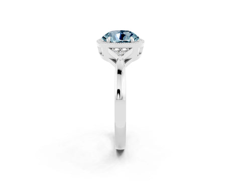White gold Round Cut Aquamarine Halo Ring with Tapered Band and Four-Prong Setting_2