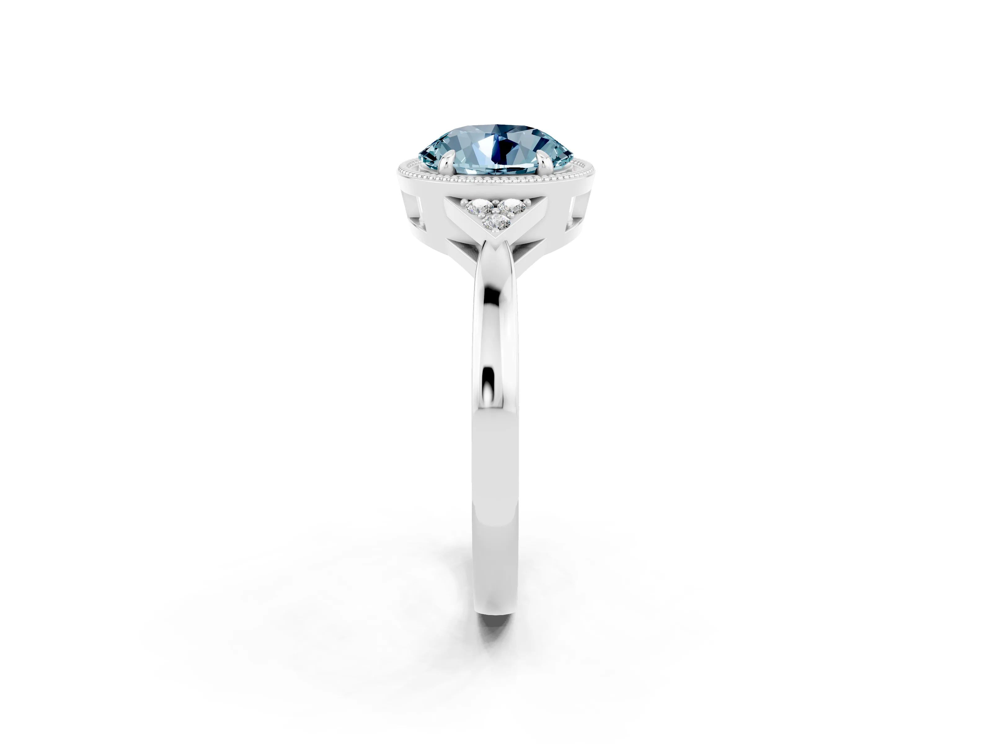White gold Round Cut Aquamarine Halo Ring with Tapered Band and Four-Prong Setting_2
