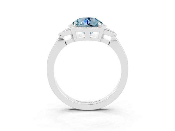 Platinum Round Cut Aquamarine Halo Ring with Tapered Band and Four-Prong Setting