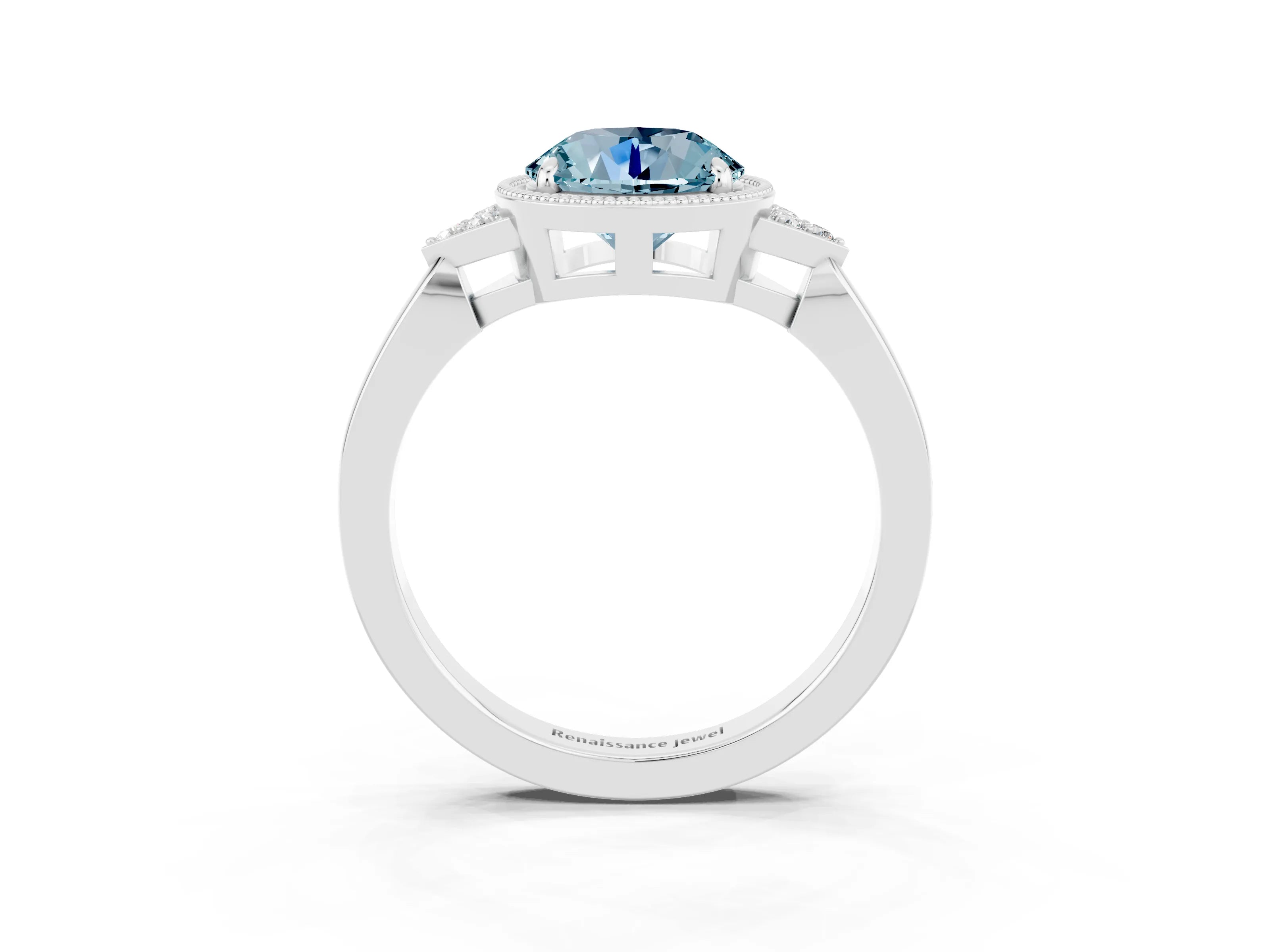 White gold Round Cut Aquamarine Halo Ring with Tapered Band and Four-Prong Setting_3