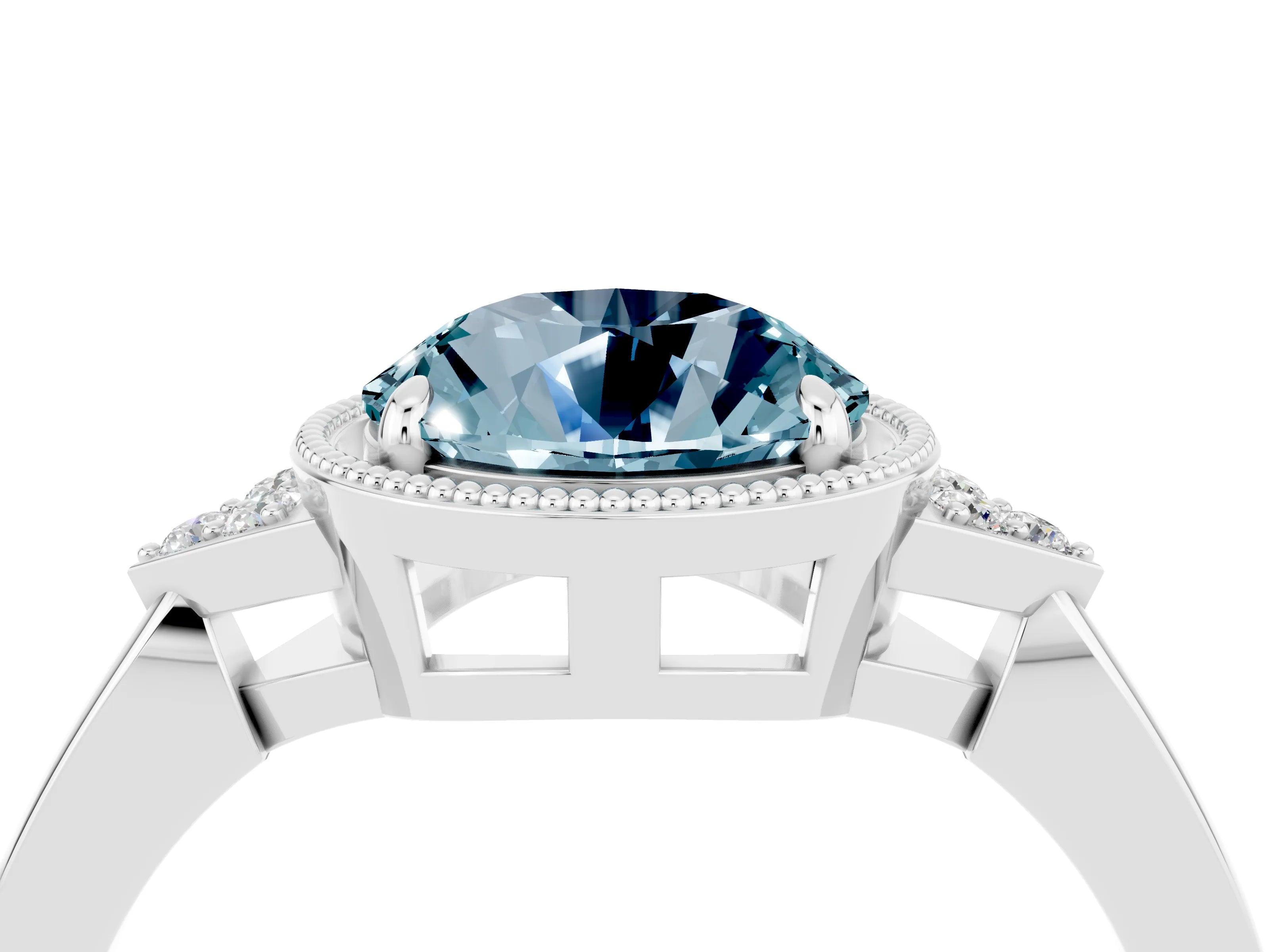 White gold Round Cut Aquamarine Halo Ring with Tapered Band and Four-Prong Setting_4