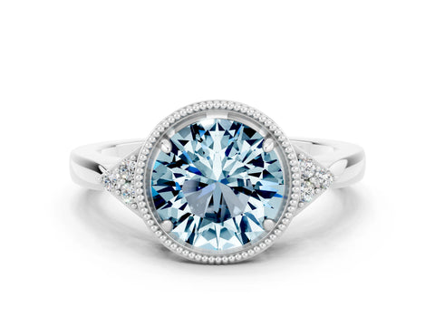 White gold Round Cut Aquamarine Halo Ring with Tapered Band and Four-Prong Setting