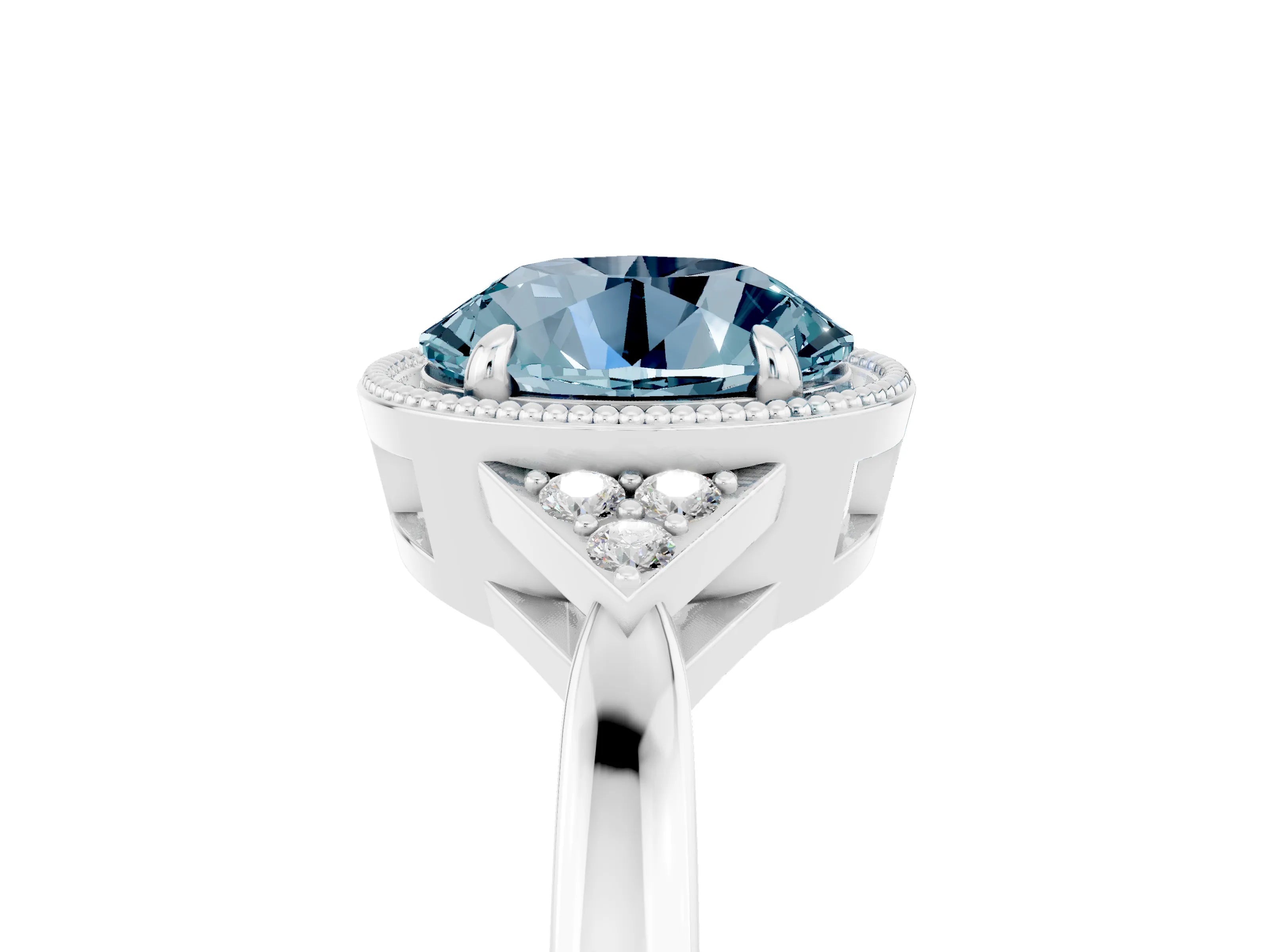 White gold Round Cut Aquamarine Halo Ring with Tapered Band and Four-Prong Setting_5