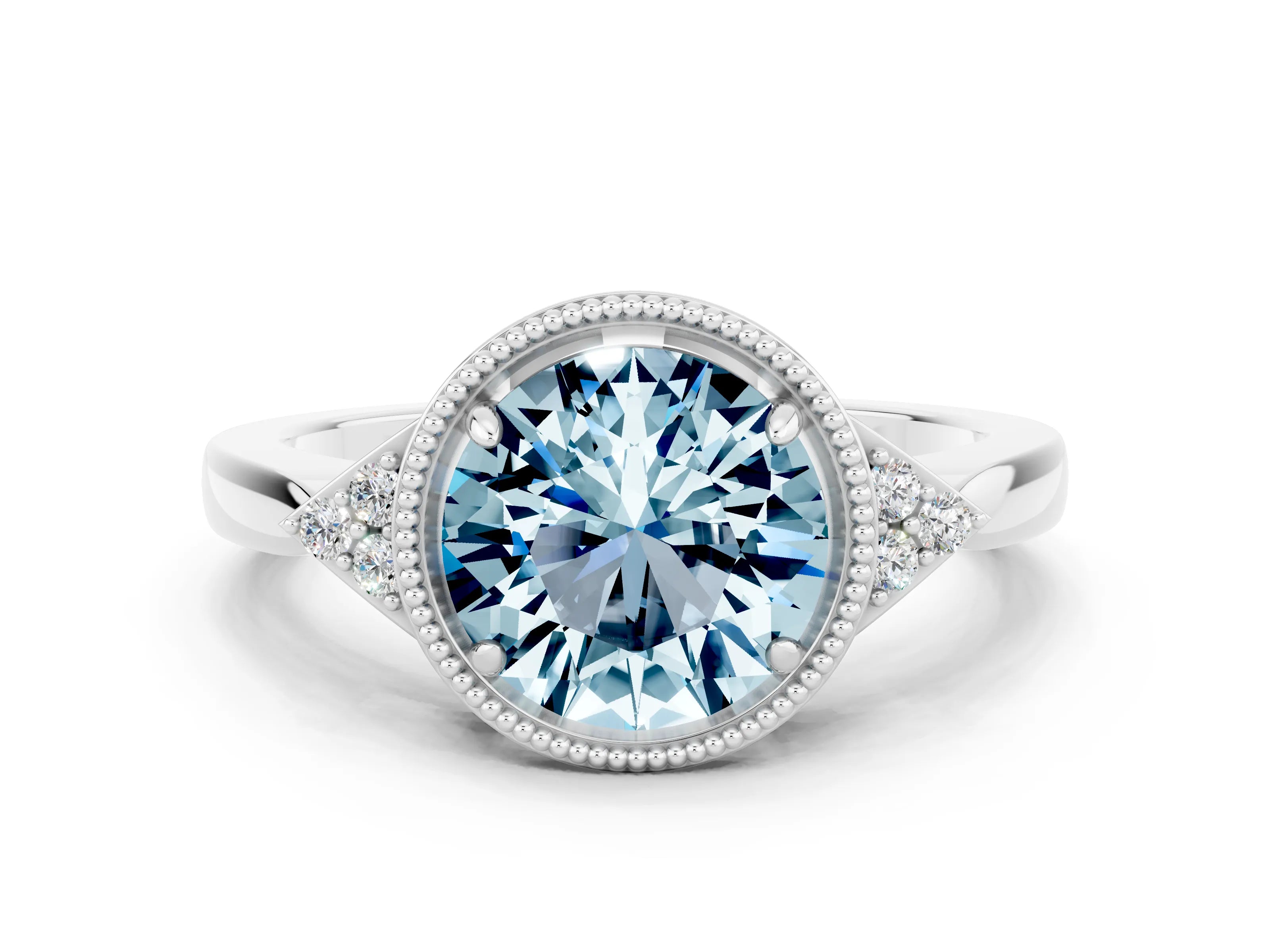 White gold Round Cut Aquamarine Halo Ring with Tapered Band and Four-Prong Setting