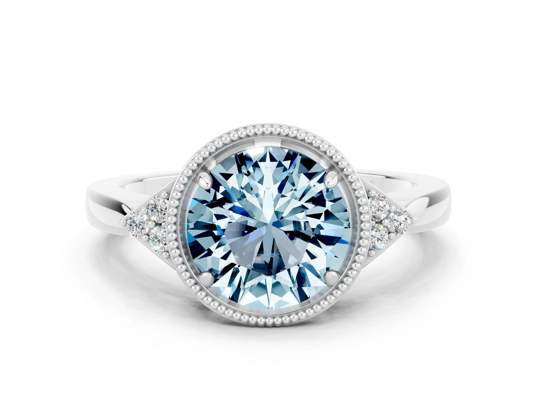 White gold Round Cut Aquamarine Halo Ring with Tapered Band and Four-Prong Setting