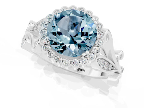 White gold Round Cut Aquamarine Halo Ring with Vintage Split Shank and Four-Prong Setting_19