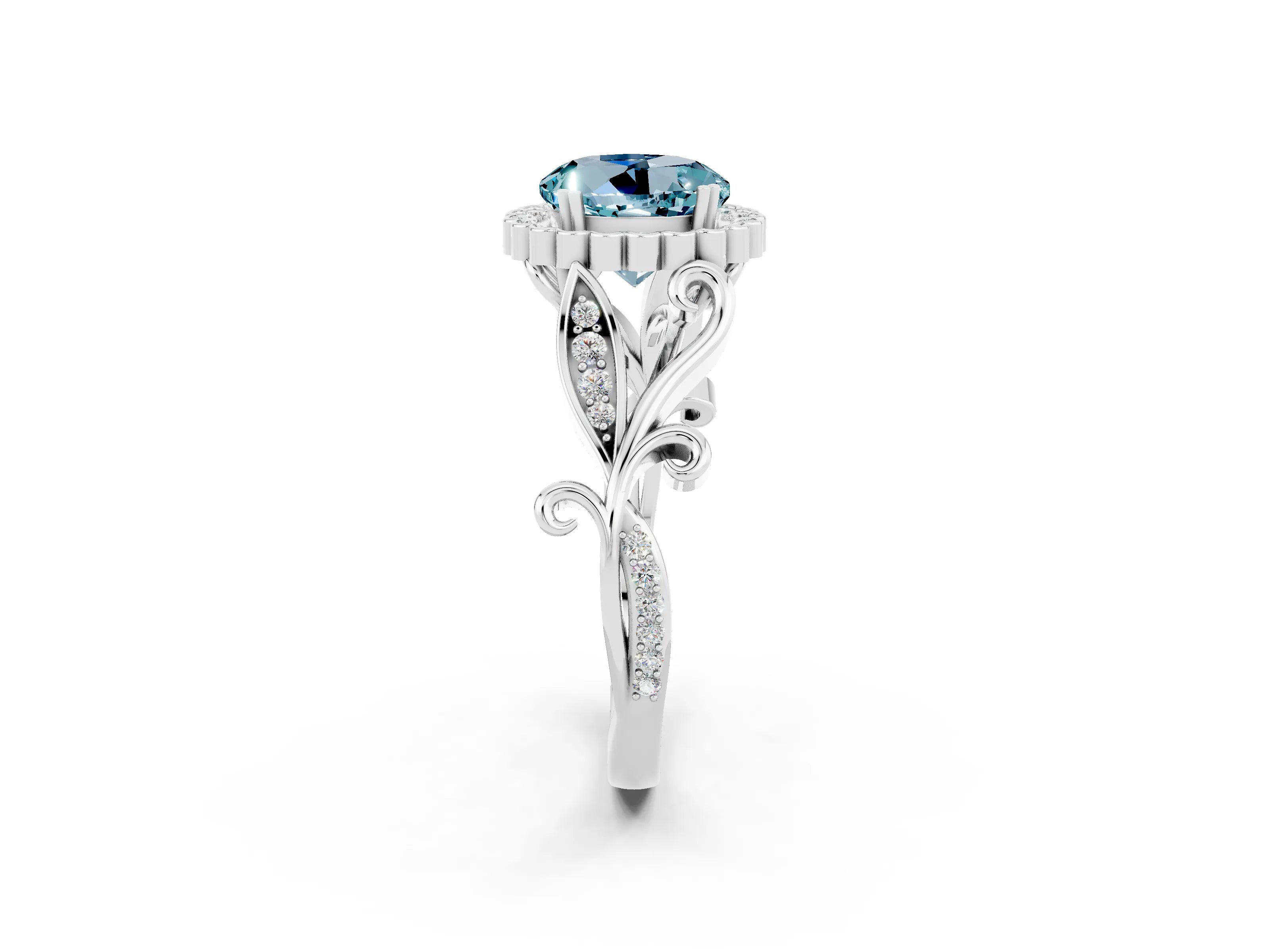 White gold Round Cut Aquamarine Halo Ring with Vintage Split Shank and Four-Prong Setting_20