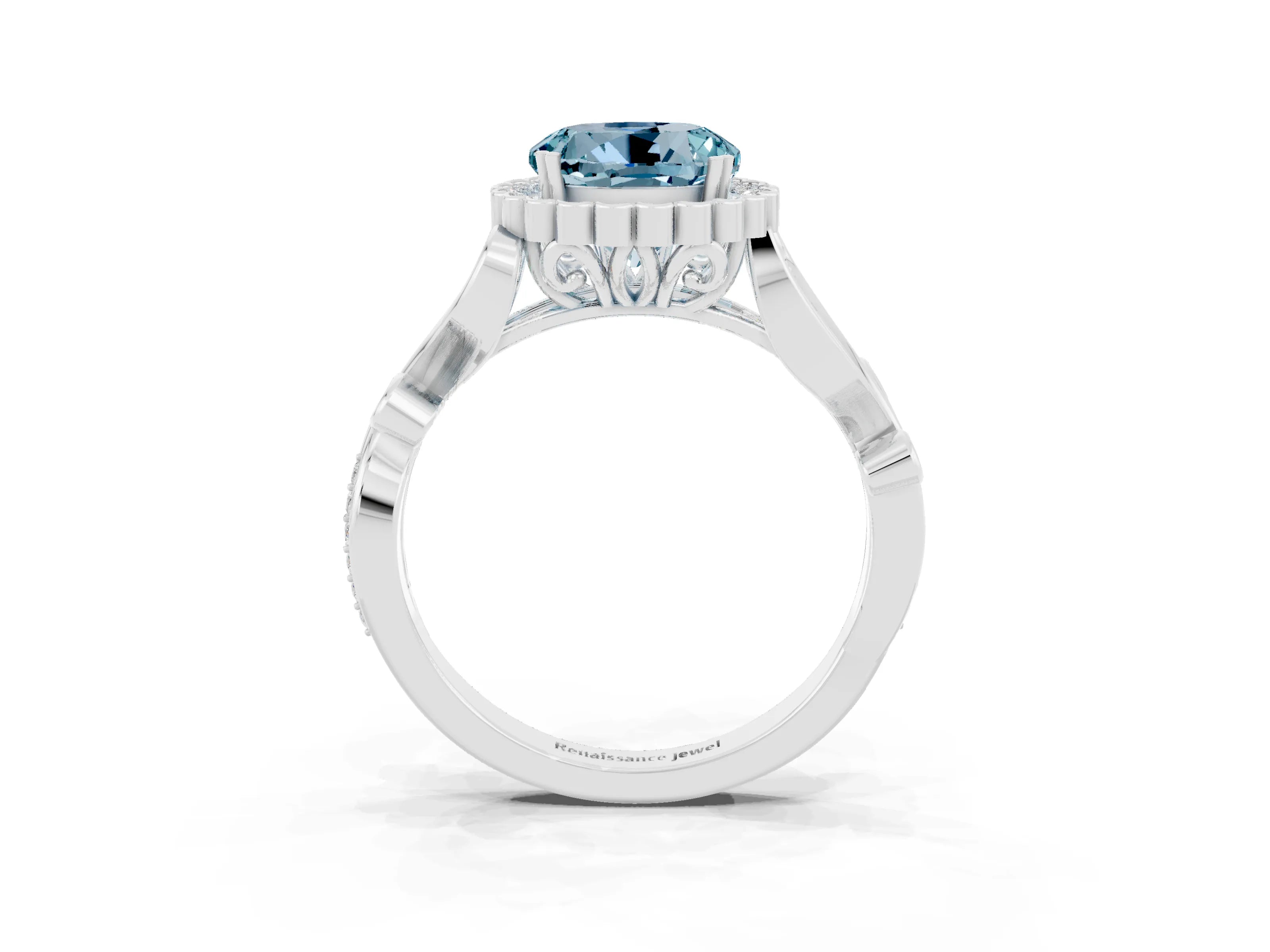 White gold Round Cut Aquamarine Halo Ring with Vintage Split Shank and Four-Prong Setting_21