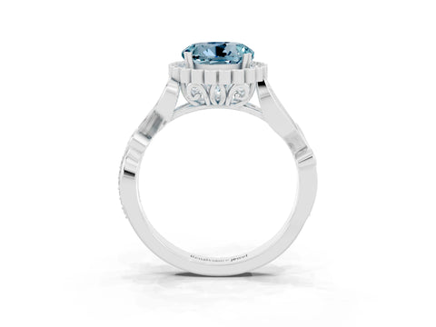 White gold Round Cut Aquamarine Halo Ring with Vintage Split Shank and Four-Prong Setting_21