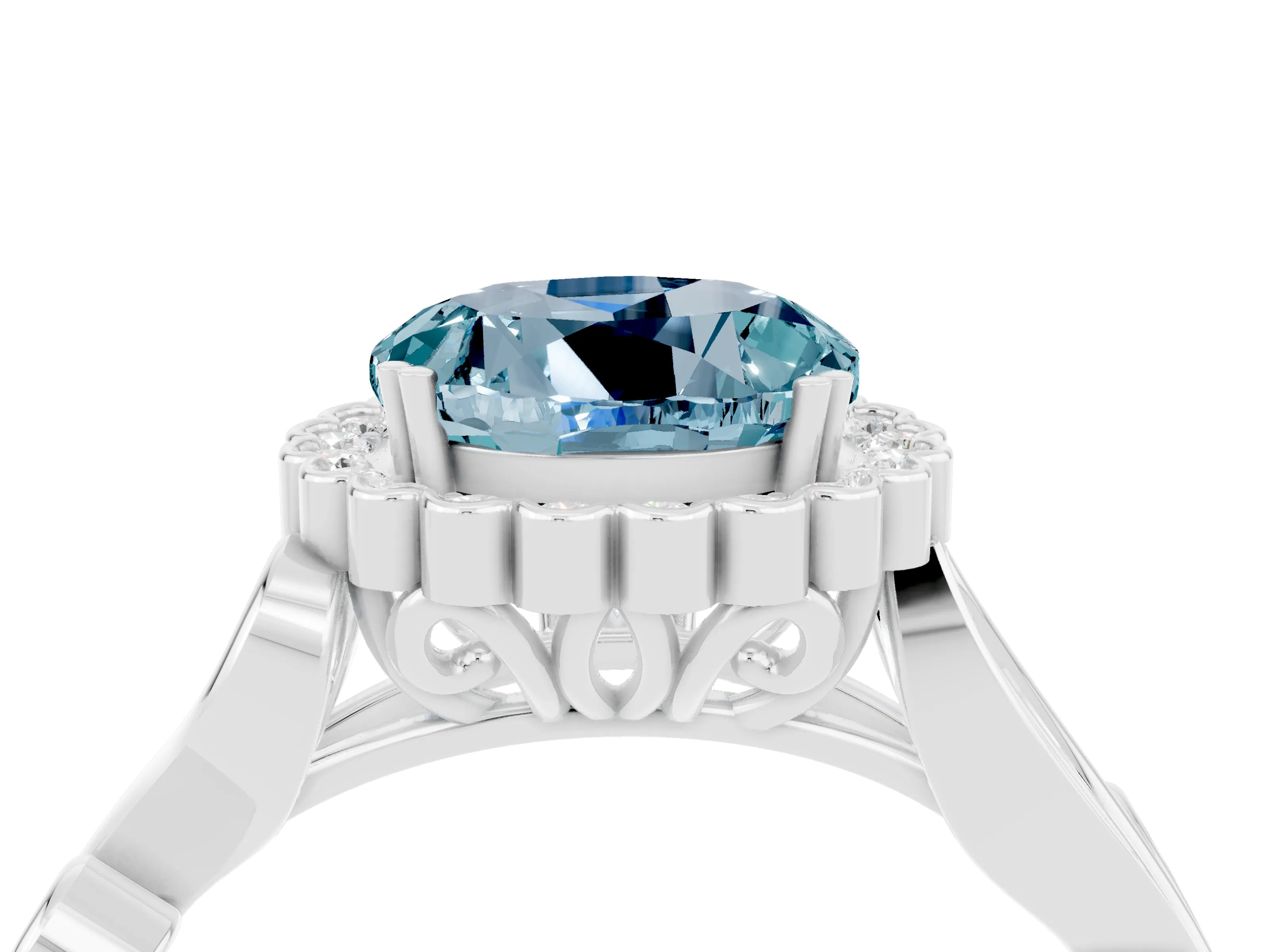 White gold Round Cut Aquamarine Halo Ring with Vintage Split Shank and Four-Prong Setting_22