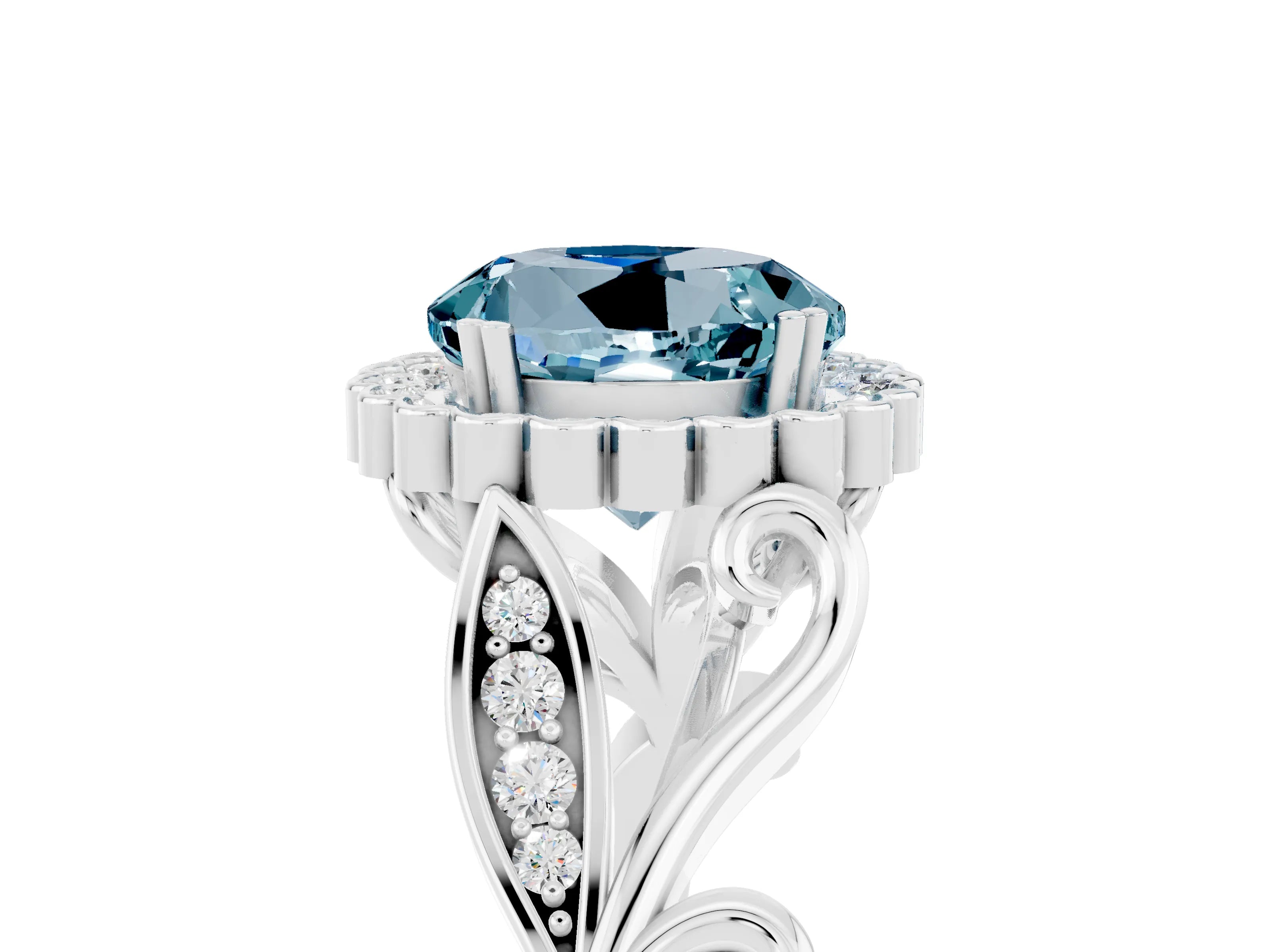 White gold Round Cut Aquamarine Halo Ring with Vintage Split Shank and Four-Prong Setting_23