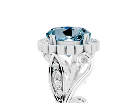 White gold Round Cut Aquamarine Halo Ring with Vintage Split Shank and Four-Prong Setting_23