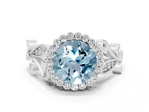 White gold Round Cut Aquamarine Halo Ring with Vintage Split Shank and Four-Prong Setting_24