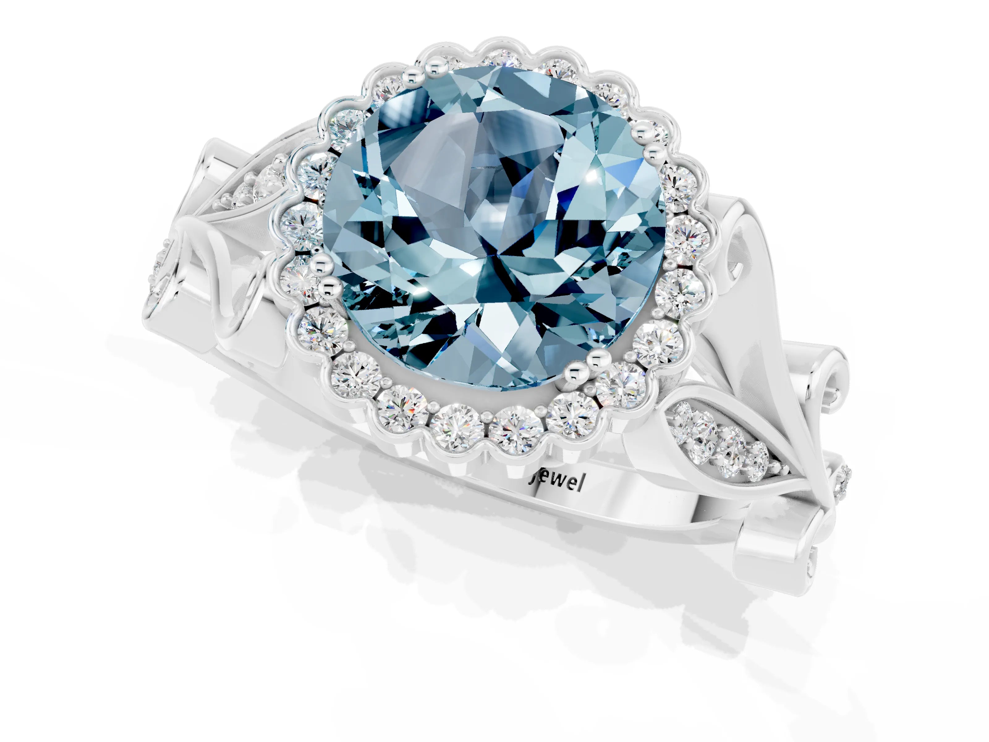 White gold Round Cut Aquamarine Halo Ring with Vintage Split Shank and Four-Prong Setting_25