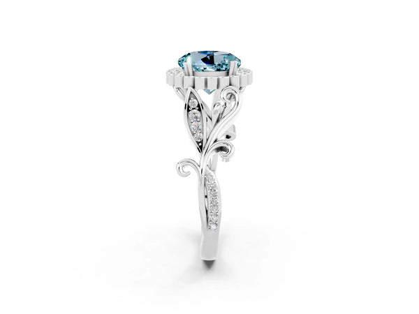 Platinum Round Cut Aquamarine Halo Ring with Vintage Split Shank and Four-Prong Setting