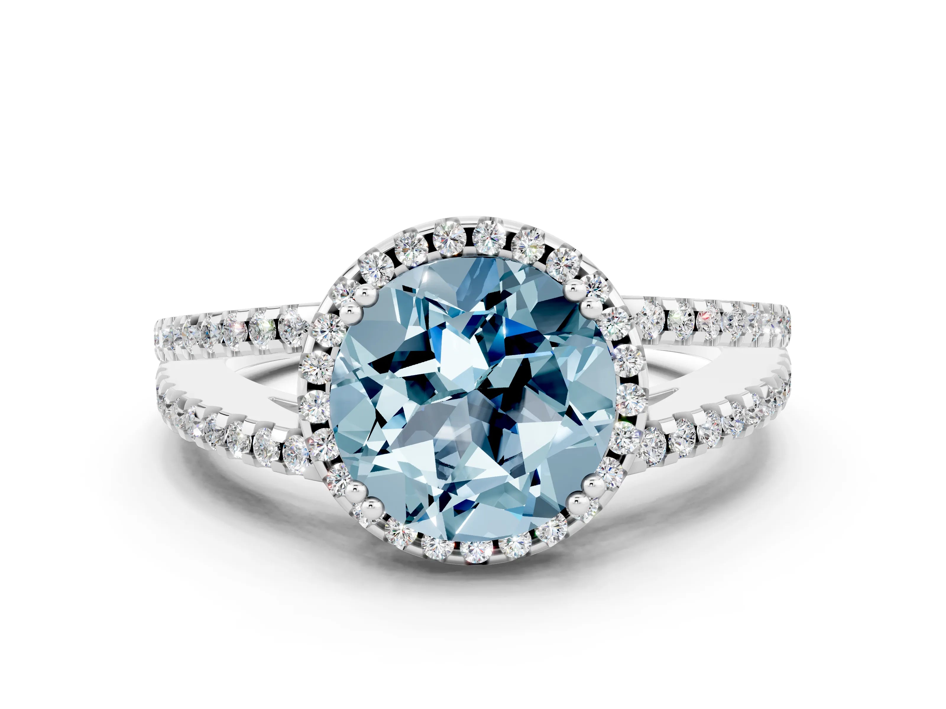 White gold Round Cut Aquamarine Halo Split Shank Engagement Ring_12