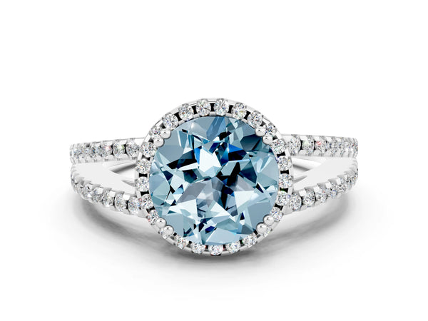 Platinum Round Cut Aquamarine Halo Split Shank Engagement Ring