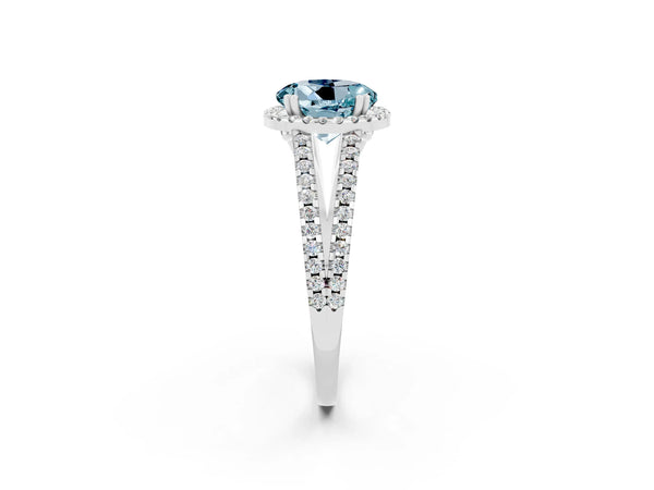 Silver Round Cut Aquamarine Halo Split Shank Engagement Ring