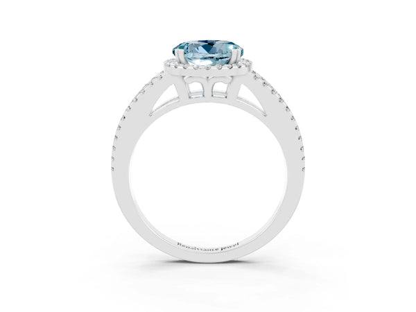 Silver Round Cut Aquamarine Halo Split Shank Engagement Ring