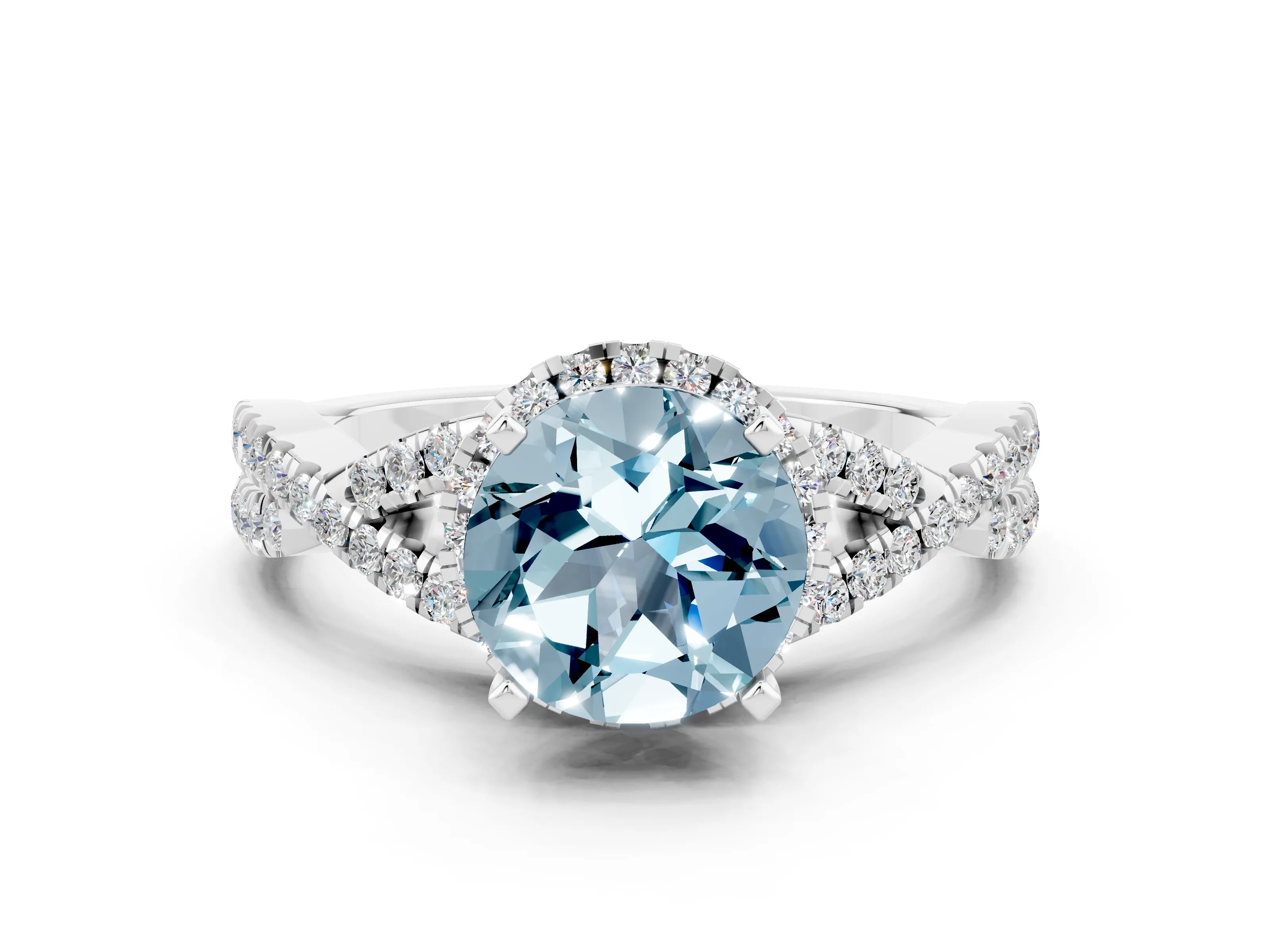 White gold Round Cut Aquamarine Halo Twist Band Solitaire Prong Setting Ring