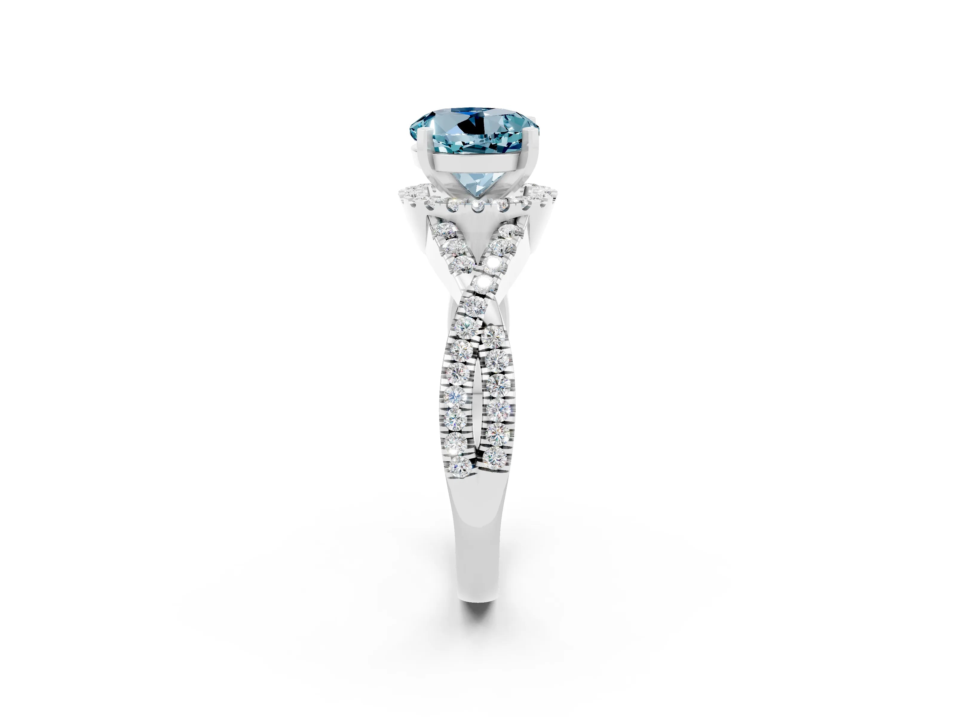 White gold Round Cut Aquamarine Halo Twist Band Solitaire Prong Setting Ring_2