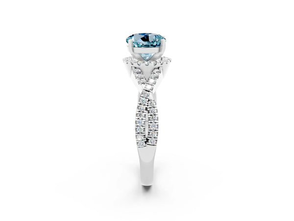 Platinum Round Cut Aquamarine  Halo Twist Band Solitaire Prong Setting Ring
