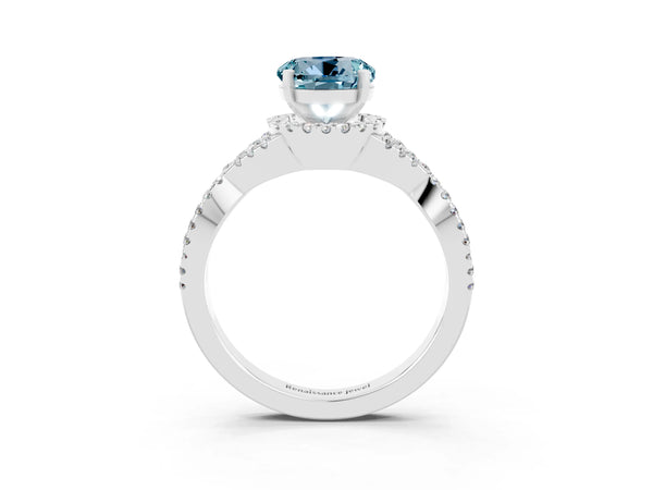 Platinum Round Cut Aquamarine  Halo Twist Band Solitaire Prong Setting Ring