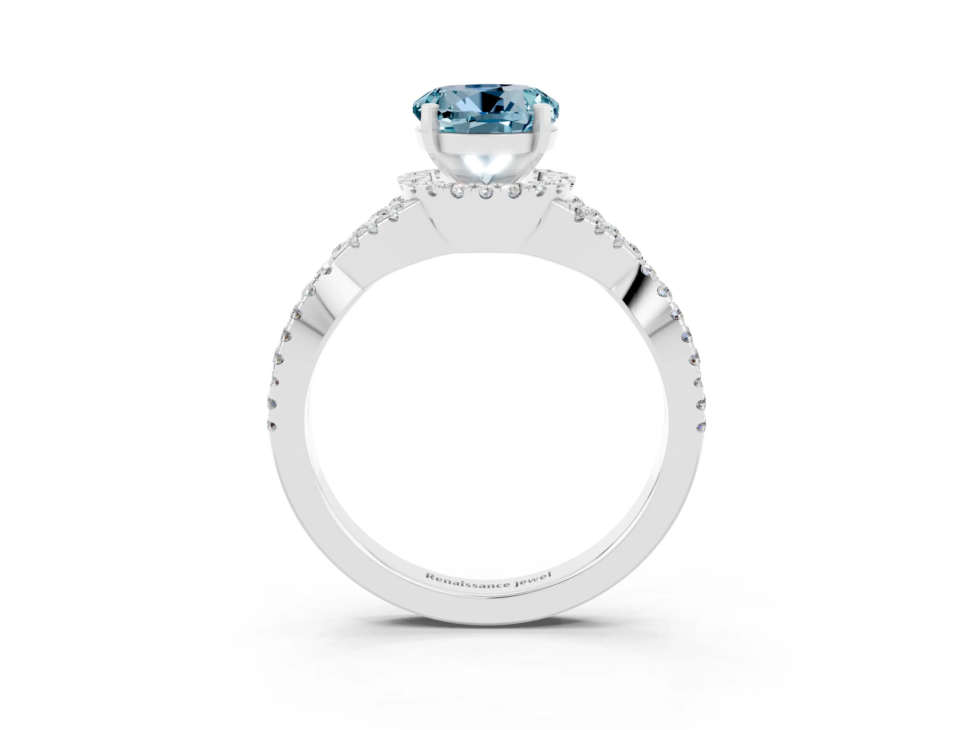 White gold Round Cut Aquamarine Halo Twist Band Solitaire Prong Setting Ring_3
