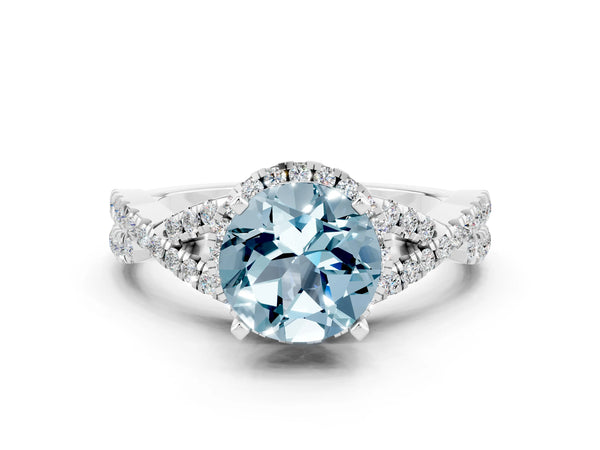 White gold Round Cut Aquamarine  Halo Twist Band Solitaire Prong Setting Ring