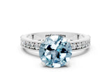 White gold Round Cut Aquamarine Milgrain Pavé Engagement Ring with Four-Prong Setting