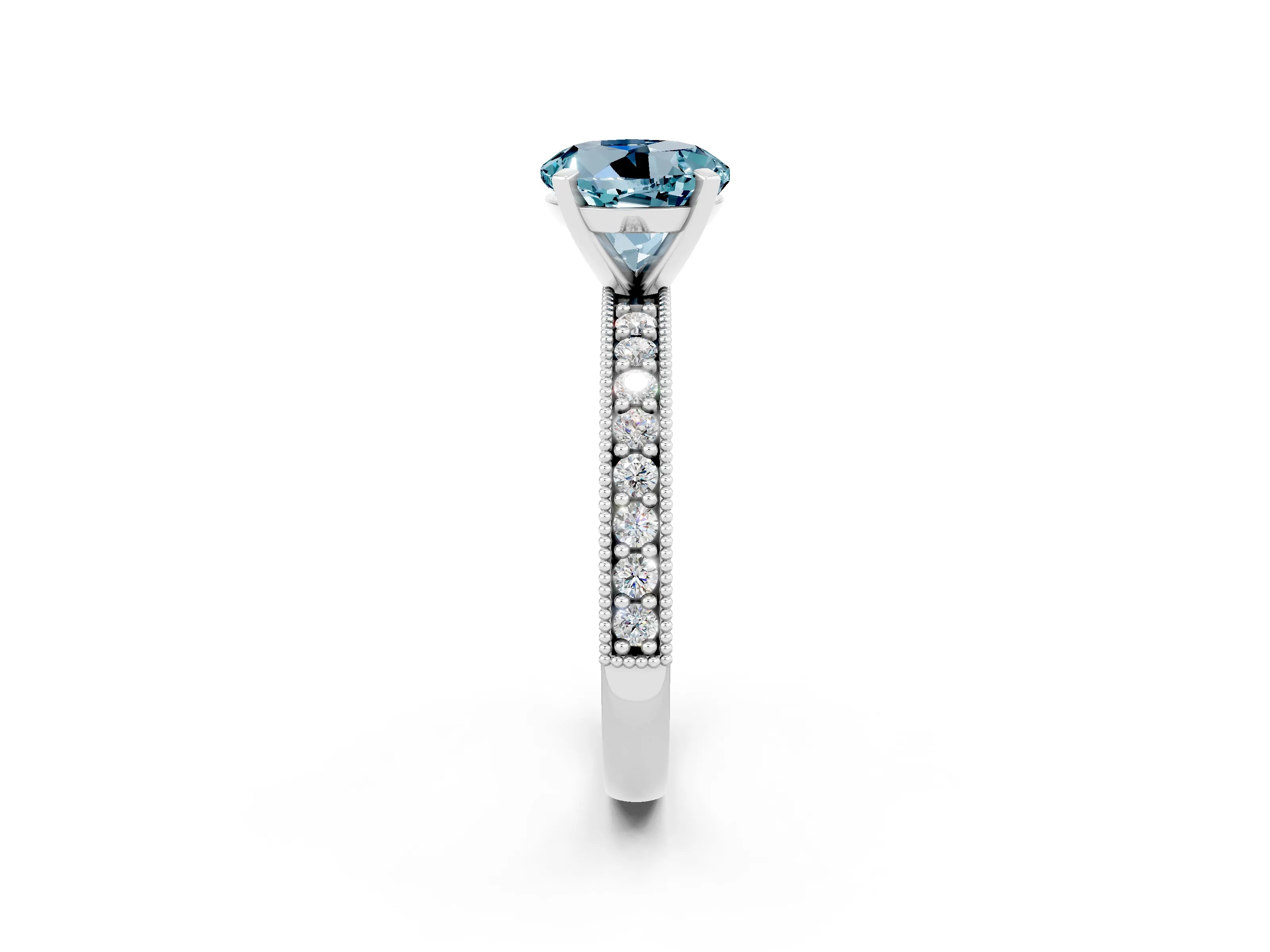 White gold Round Cut Aquamarine Milgrain Pavé Engagement Ring with Four-Prong Setting_2