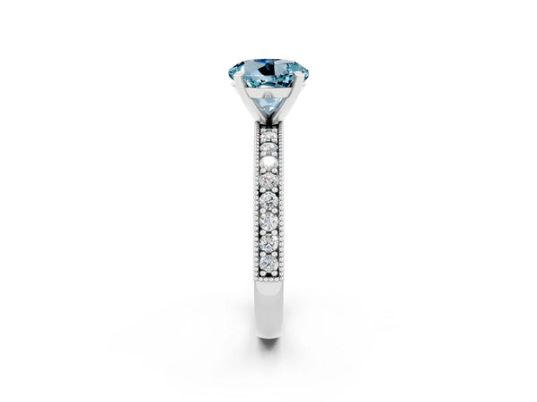 White gold Round Cut Aquamarine Milgrain Pavé Engagement Ring with Four-Prong Setting