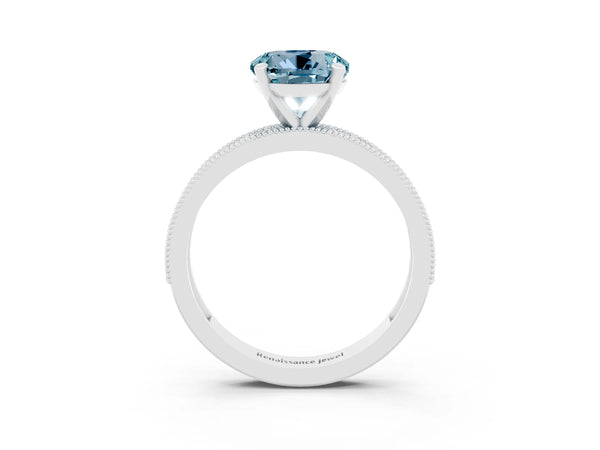 Platinum Round Cut Aquamarine Milgrain Pavé Engagement Ring with Four-Prong Setting