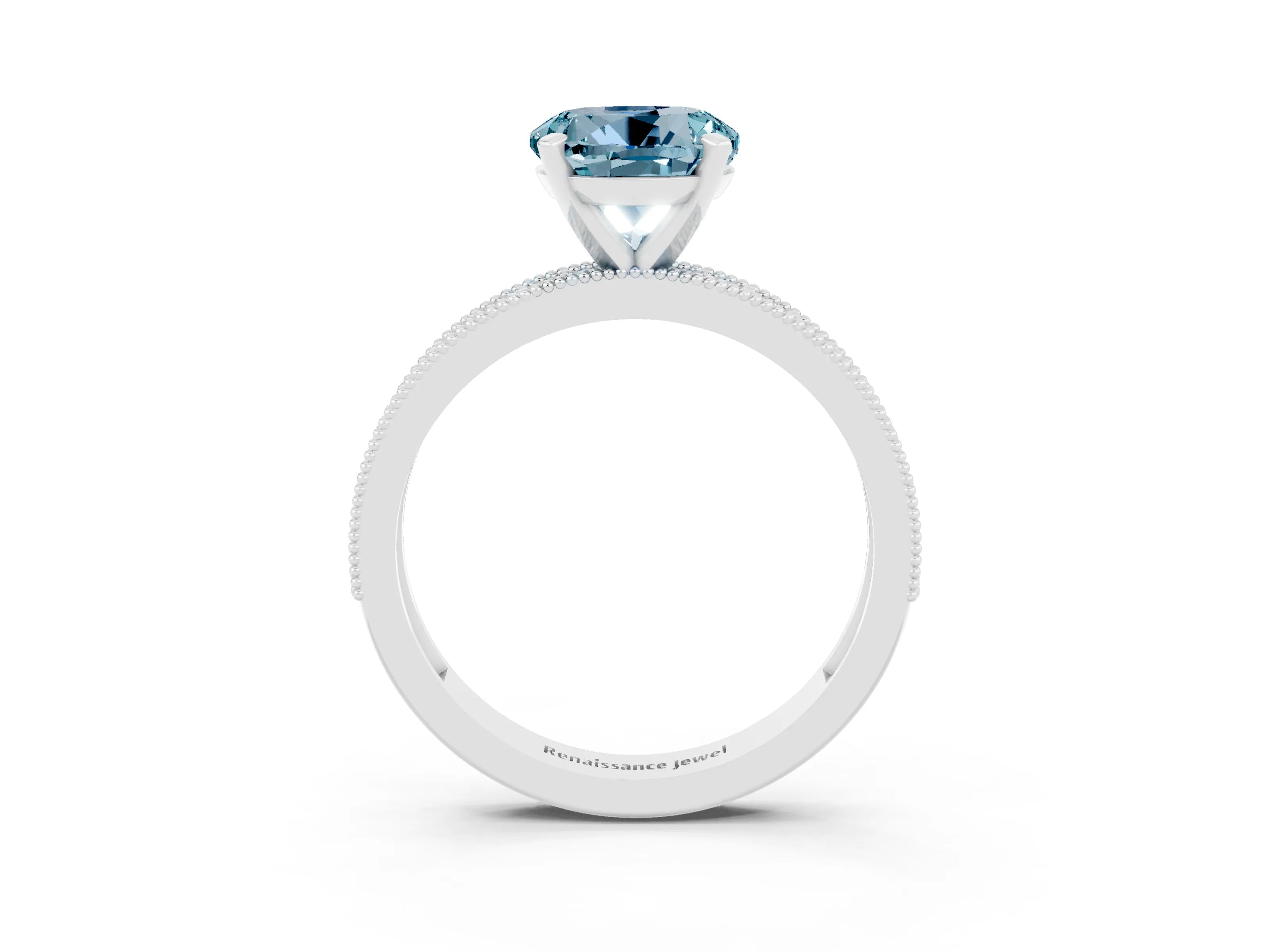 White gold Round Cut Aquamarine Milgrain Pavé Engagement Ring with Four-Prong Setting_3