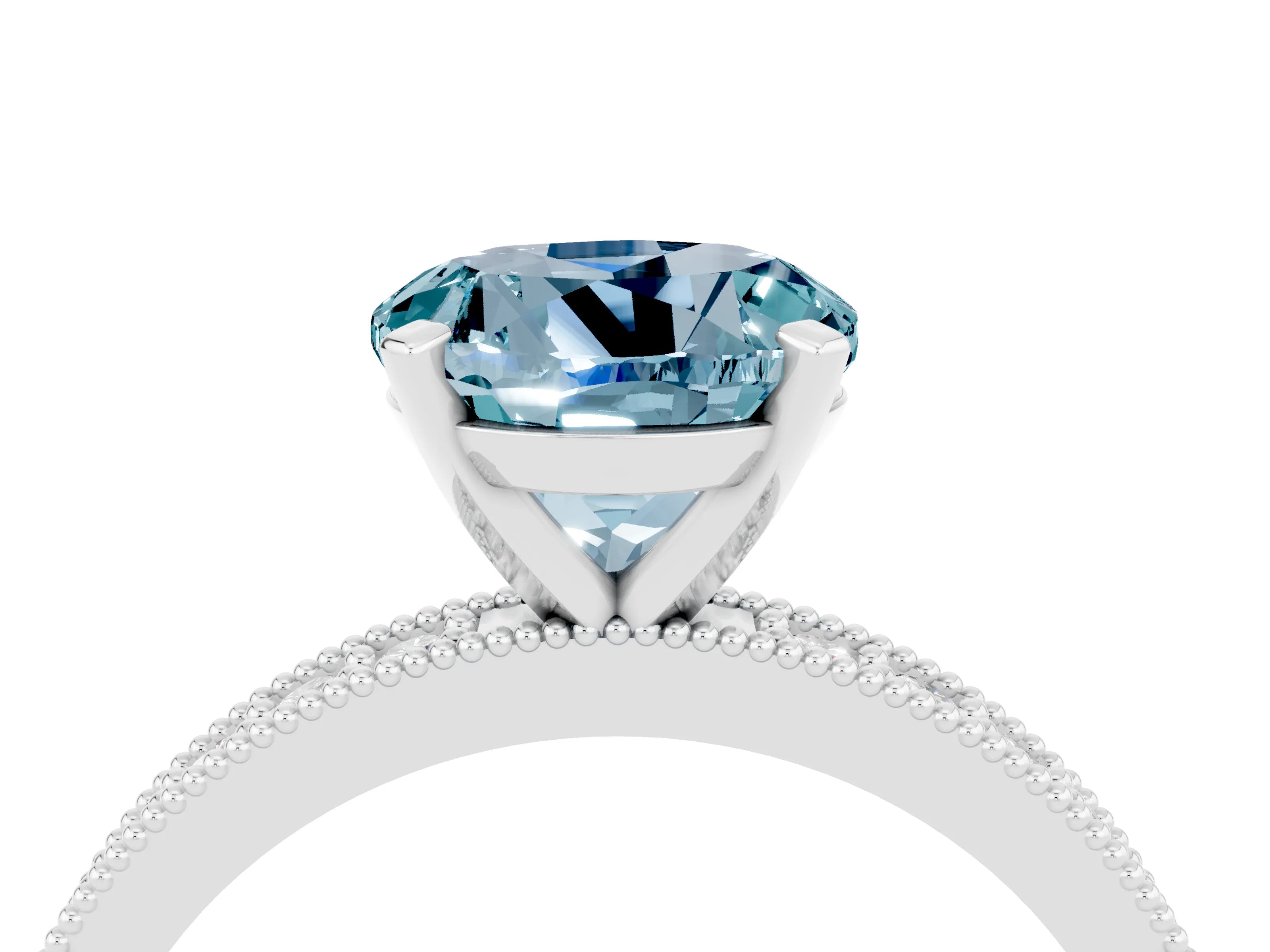 White gold Round Cut Aquamarine Milgrain Pavé Engagement Ring with Four-Prong Setting_4