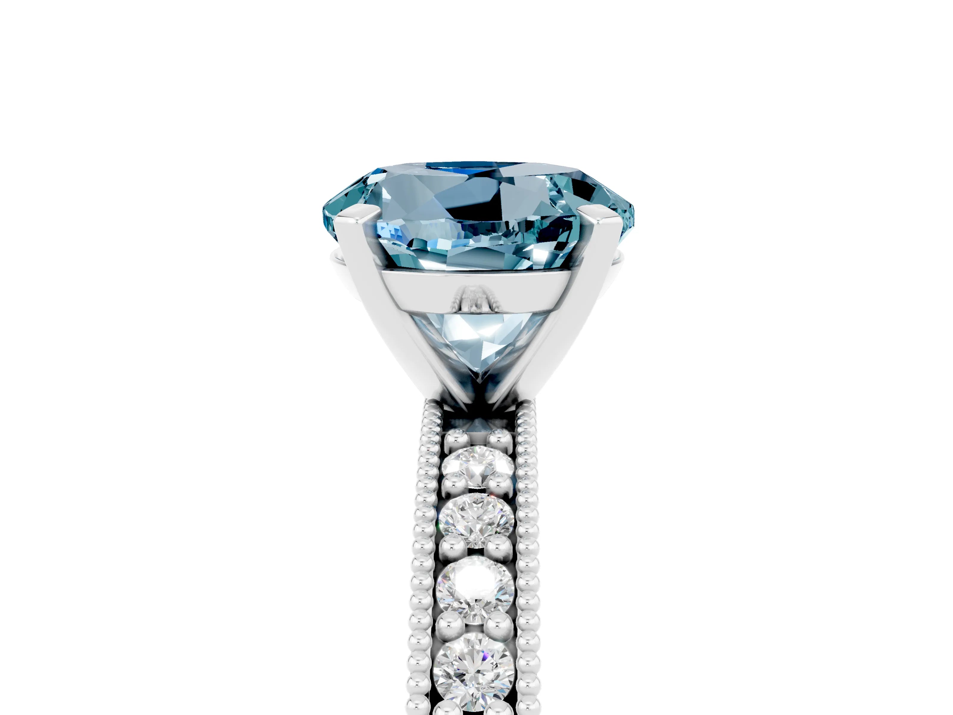 White gold Round Cut Aquamarine Milgrain Pavé Engagement Ring with Four-Prong Setting_5