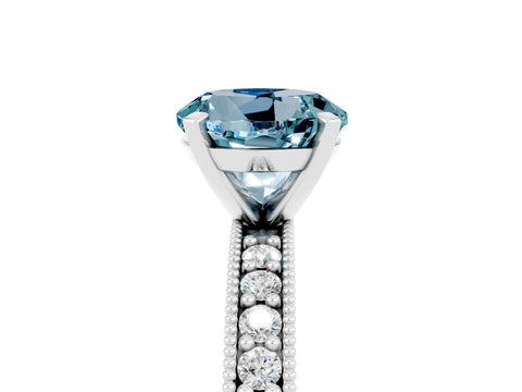 White gold Round Cut Aquamarine Milgrain Pavé Engagement Ring with Four-Prong Setting_5