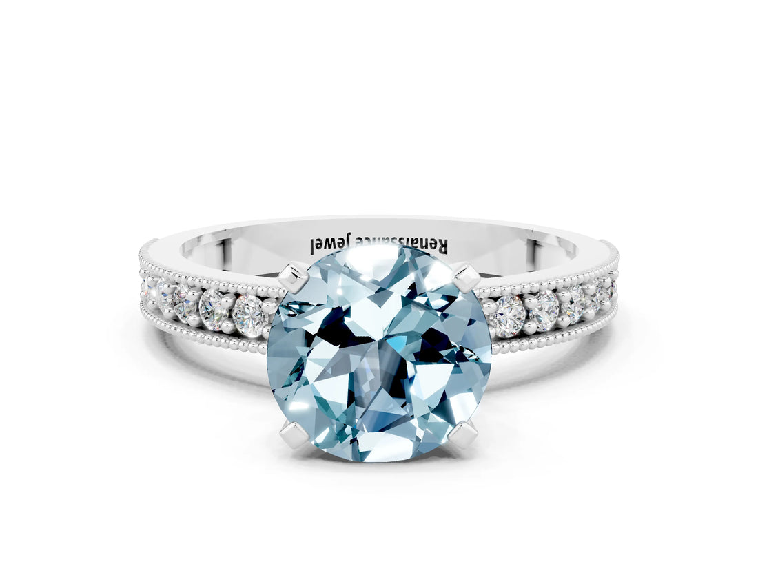 White gold Round Cut Aquamarine Milgrain Pavé Engagement Ring with Four-Prong Setting
