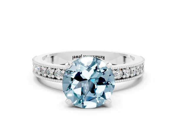 Silver Round Cut Aquamarine Milgrain Pavé Engagement Ring with Four-Prong Setting