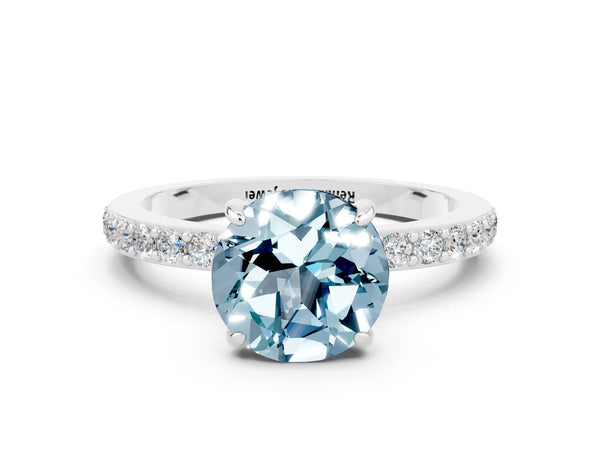 Silver Round Cut Aquamarine Pavé Engagement Ring with Round  Accents and Prong Setting