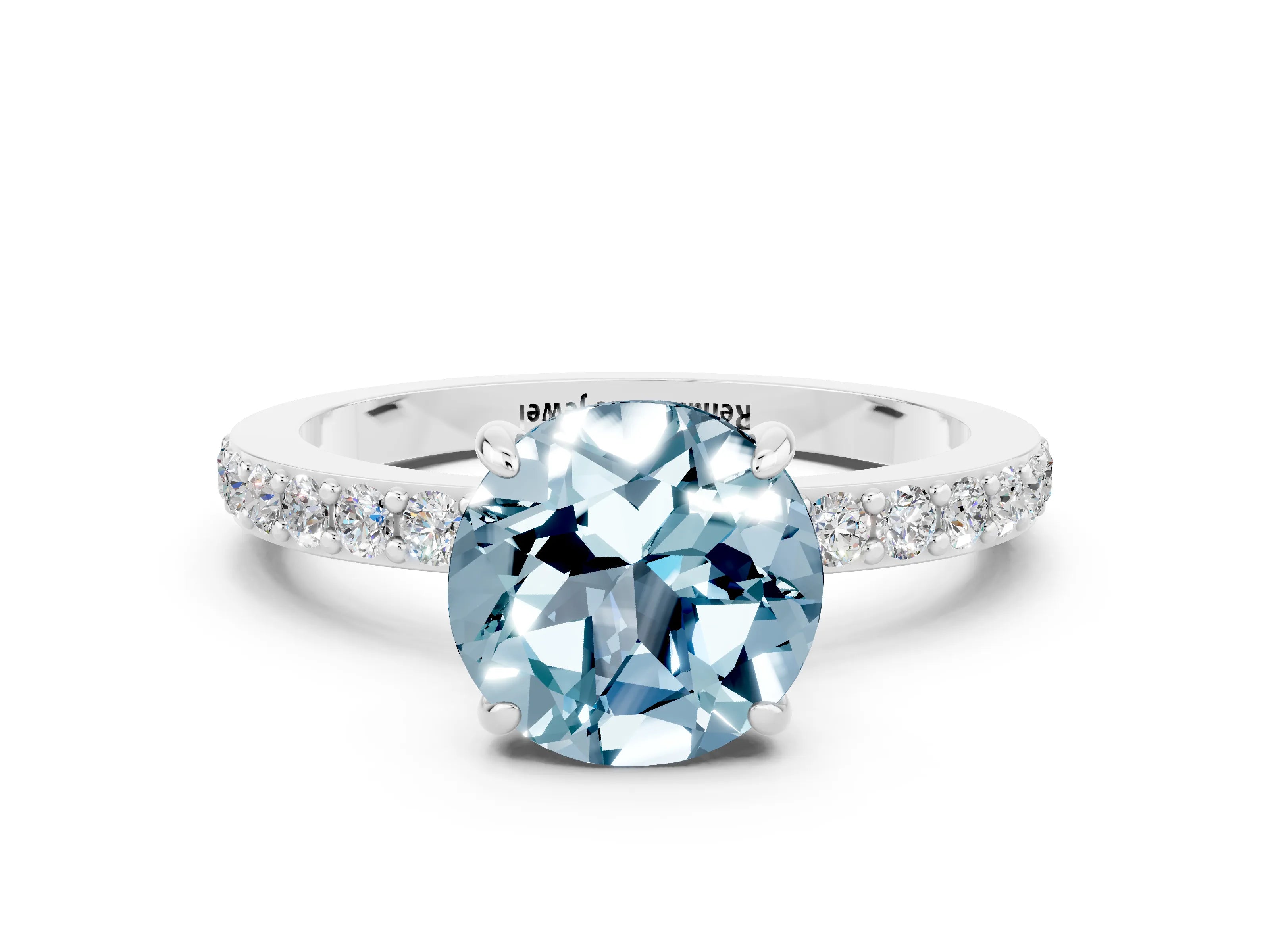 White gold Round Cut Aquamarine Pavé Engagement Ring with Round  Accents and Prong Setting_24