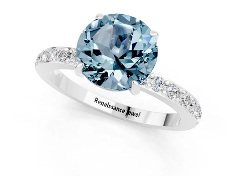 White gold Round Cut Aquamarine Pavé Engagement Ring with Round  Accents and Prong Setting_25