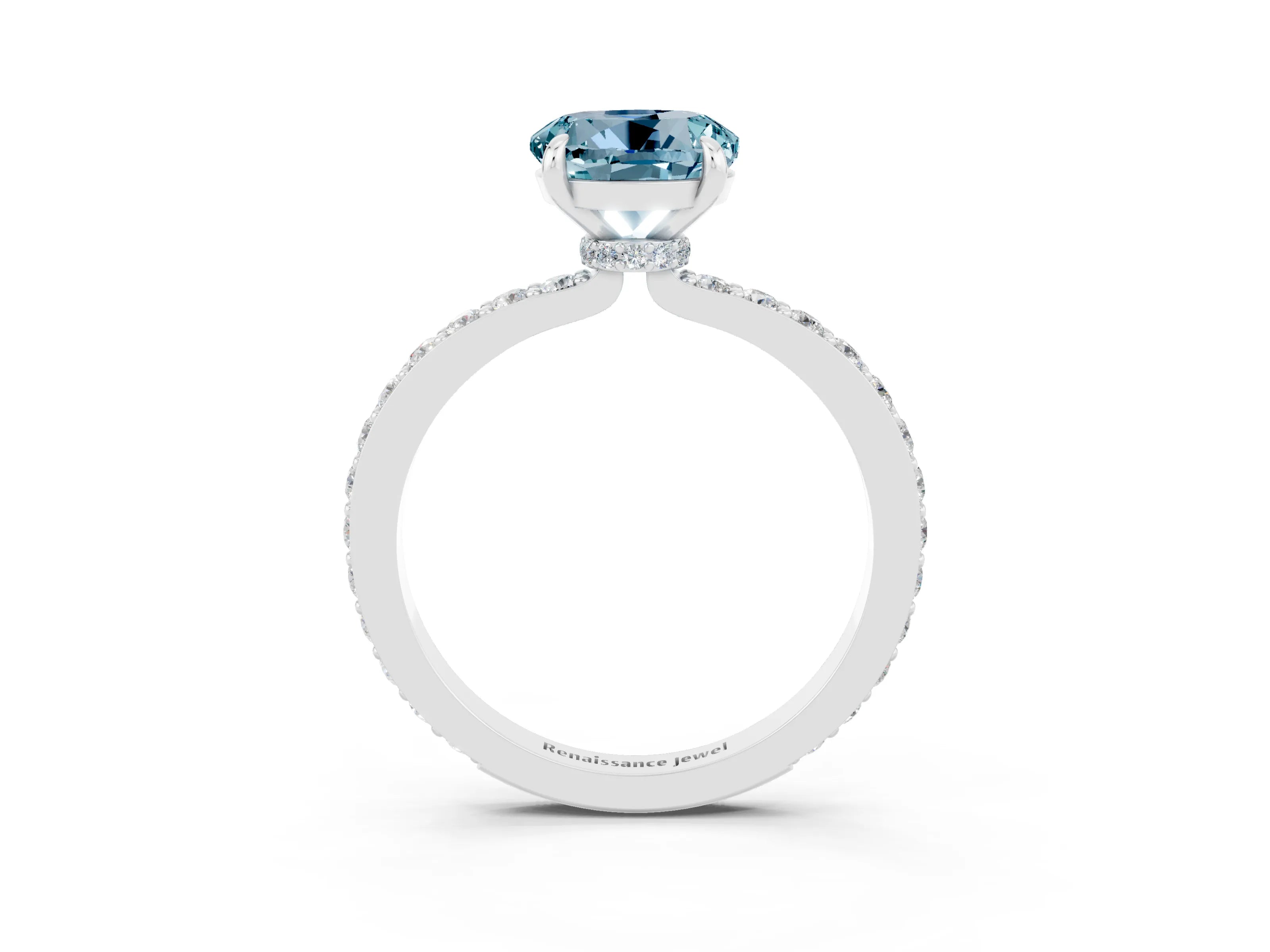 White gold Round Cut Aquamarine Pavé Engagement Ring with Round  Accents and Prong Setting_27